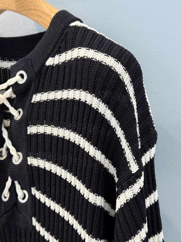 CD 25 Striped Knitted Long-sleeved Dress Black Cotton