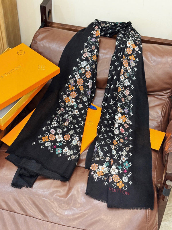 LV x TM Monogram Superflat Flowers 200cm Black Multicolor Silk 969171