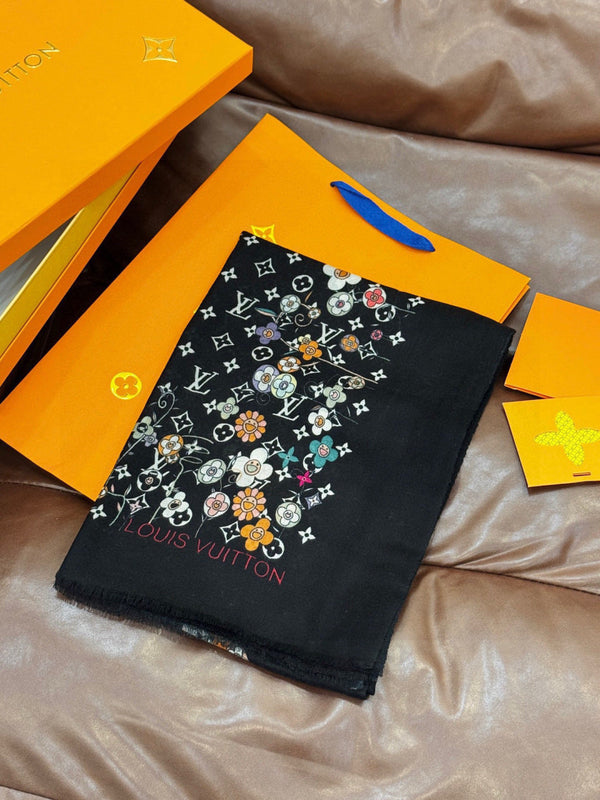 LV x TM Monogram Superflat Flowers 200cm Black Multicolor Silk 969171