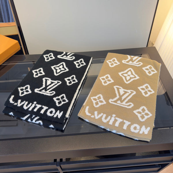 LV 25 Scarf 186cm Beige White Wool 293489