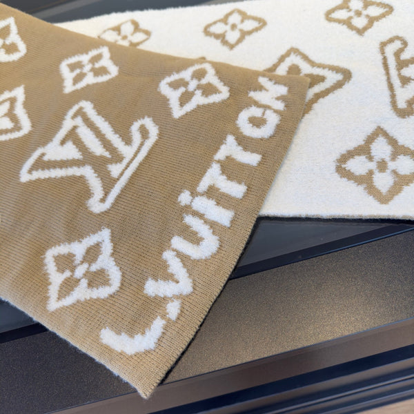 LV 25 Scarf 186cm Beige White Wool 293489