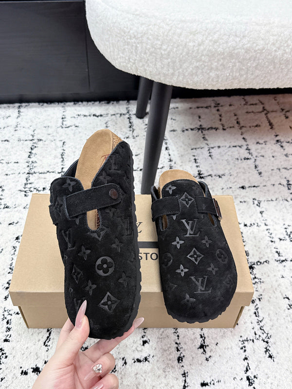 LV Cosy Comfort Mules Black Brown Monogram Suede 616987