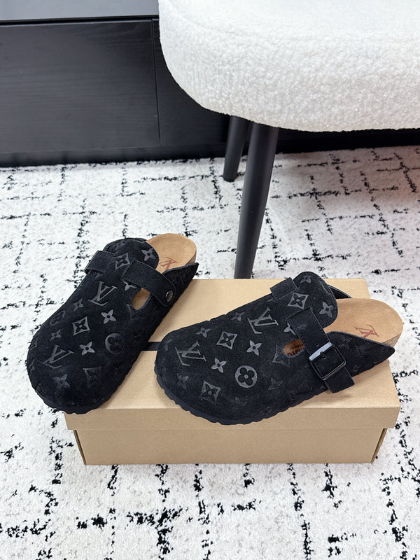 LV Cosy Comfort Mules Black Brown Monogram Suede 616987
