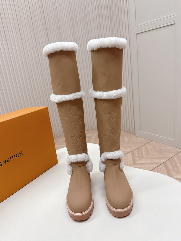 LV 2026 Territory Flat Thigh Boot Beige White Nubuck Calf Leather 595434