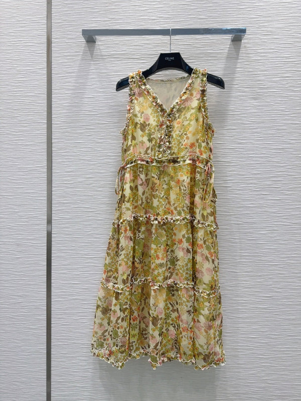 Celine 25 Floral Sleeveless Dress Green mix colors Polyester
