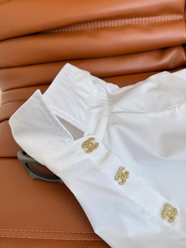 Celine 25 Wide Shoulder with Gold Metal Button White Cotton