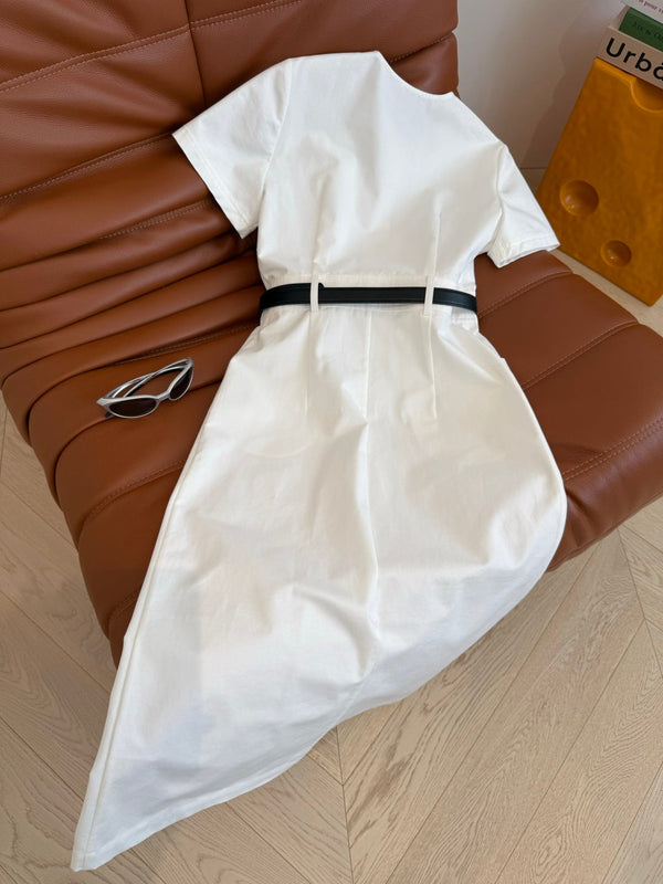 Celine 25 Denim Dress With Silver Buckle Belt White Cotton