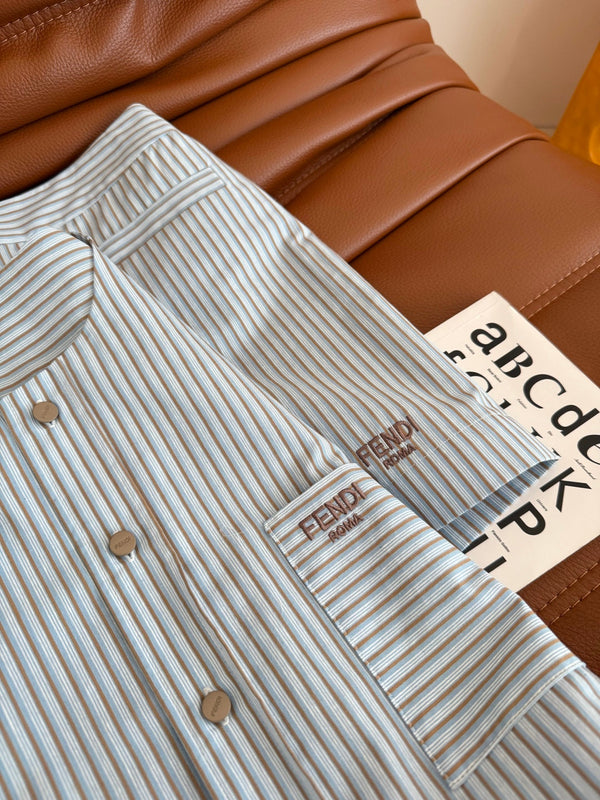 Fendi 25 Letter Logo Embroidered Striped Suit Blue Cotton