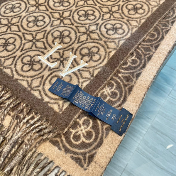 LV 25s Scarf 200cm Brown Beige Woolen 973138