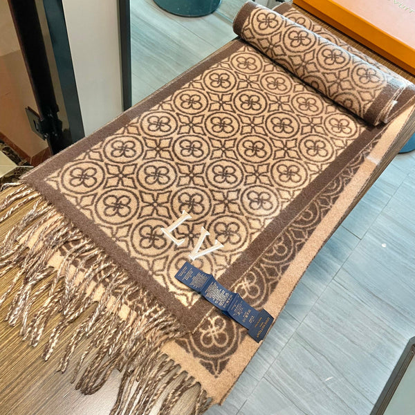 LV 25s Scarf 200cm Brown Beige Woolen 973138