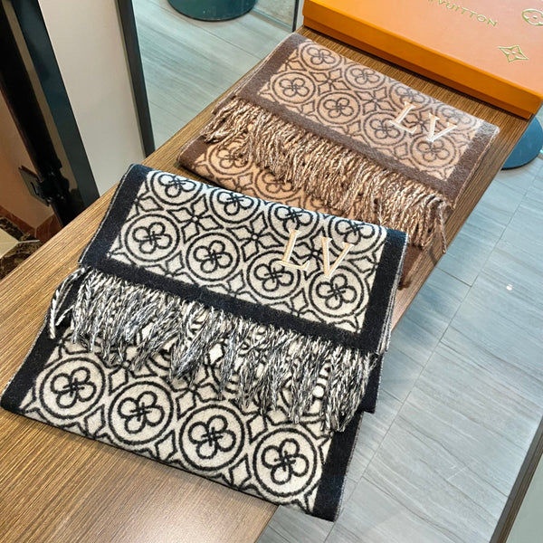 LV 25s Scarf 200cm Brown Beige Woolen 973138