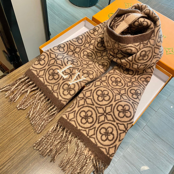 LV 25s Scarf 200cm Brown Beige Woolen 973138