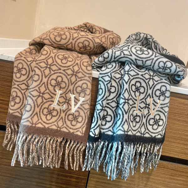 LV 25s Scarf 200cm Brown Beige Woolen 973138