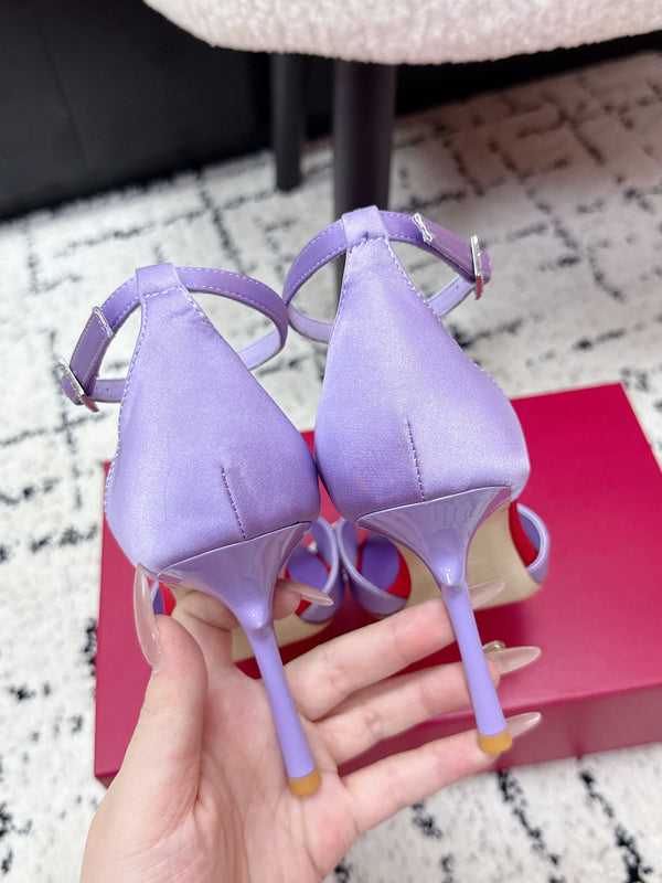 RV Rose Vivier Flower Sandal 10cm Purple Red Satin 617299