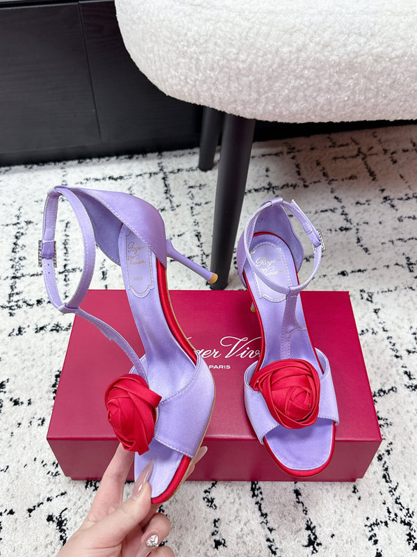 RV Rose Vivier Flower Sandal 10cm Purple Red Satin 617299