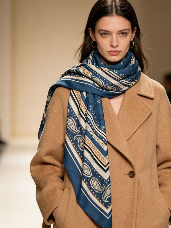 HM 25s Sailor Tattoo Scarf 140cm Dark Blue Beige Cashmere Silk 967415