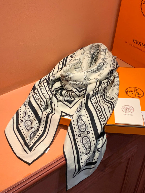 HM 25s Sailor Tattoo Scarf 140cm White Black Cashmere Silk 967419