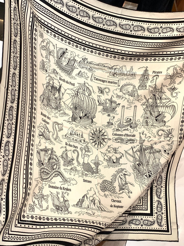 HM 25s Sailor Tattoo Scarf 140cm White Black Cashmere Silk 967419