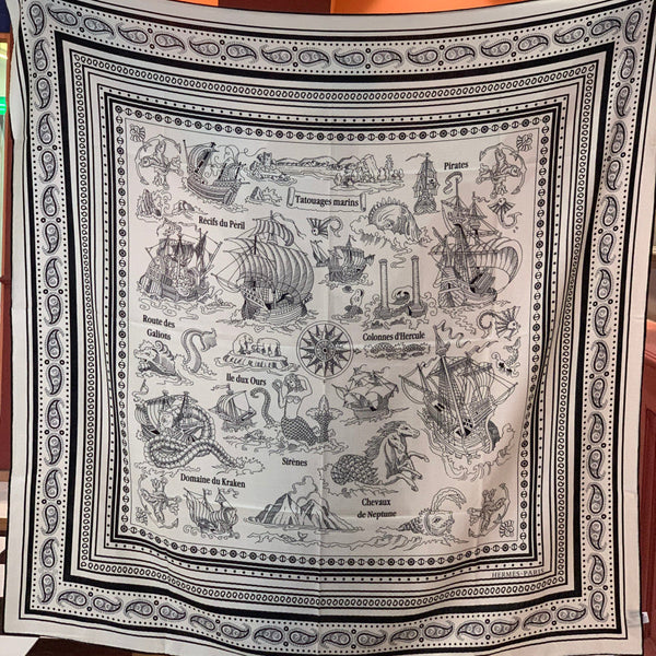 HM 25s Sailor Tattoo Scarf 140cm White Black Cashmere Silk 967419