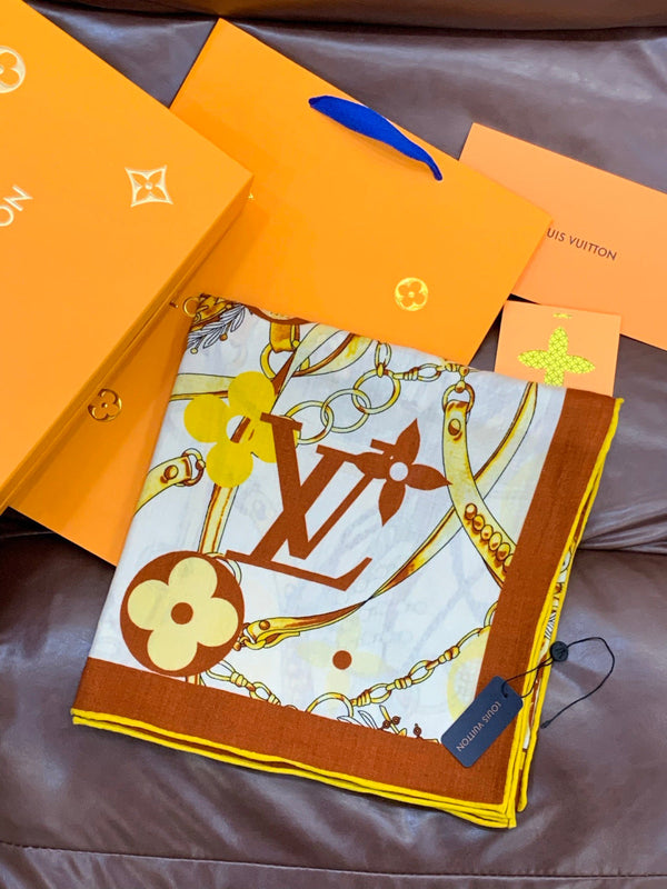 LV Latest Style Scarf 140cm Brown Beige Cashmere 969240