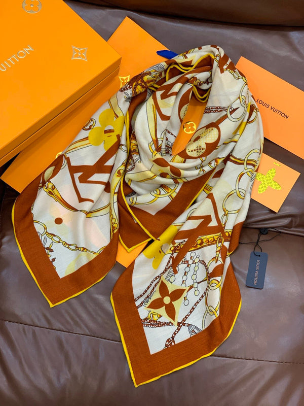 LV Latest Style Scarf 140cm Brown Beige Cashmere 969240