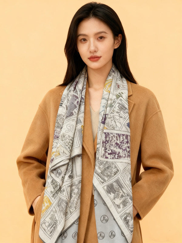 HM 25s Velvet Square Scarf 140cm Blue White Black Cashmere Silk 970939