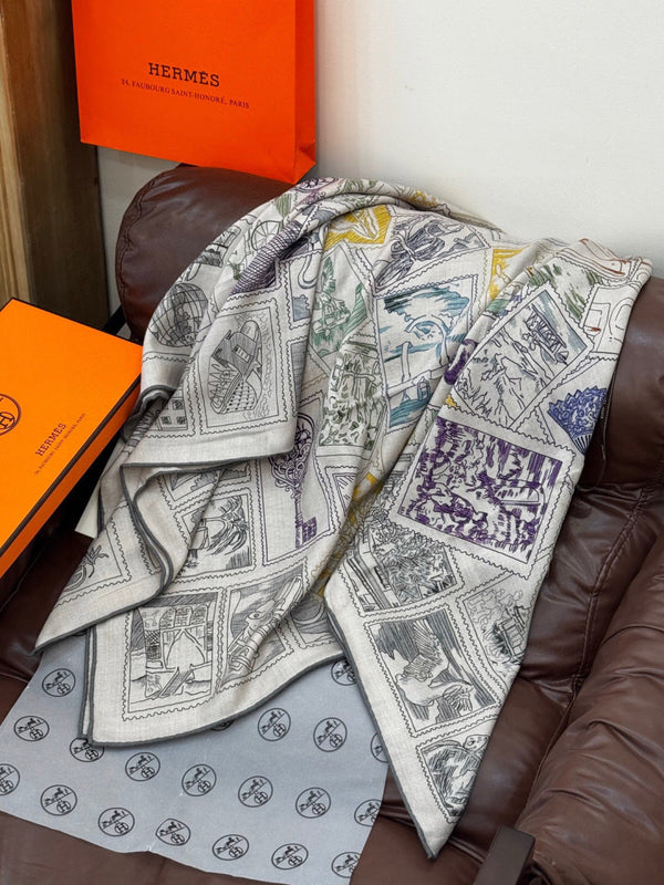 HM 25s Velvet Square Scarf 140cm Blue White Black Cashmere Silk 970939