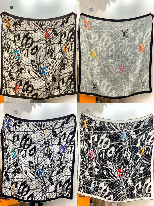 LV Double-Sided Shawl Scarf 140cm White Black Silk Cashmere 976740