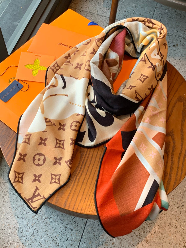 LV Scarf 135cm Brown Multicolor Cashmere Mulberry Silk 976759