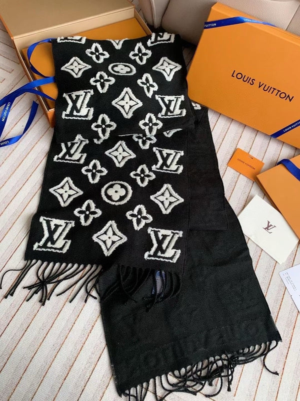 LV 3D Scarf 220cm Black White Cashmere 973417