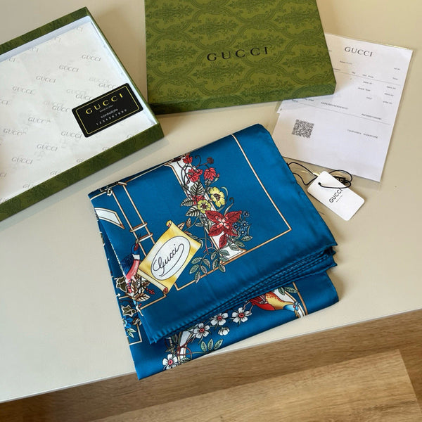 GG Signature Floral Scarf 90CM Blue Muticolor Twill Mulberry Silk 280659