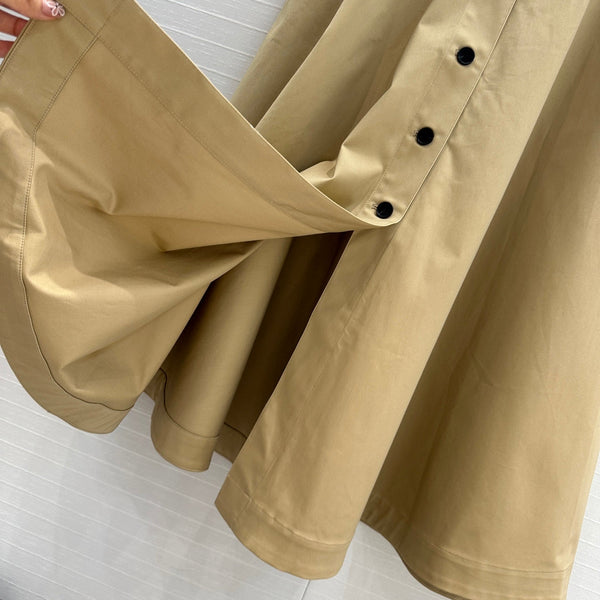 CD 25 Belted Single-breasted Long Skirt Khaki Cotton