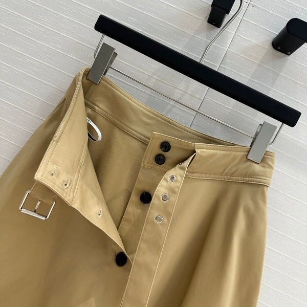 CD 25 Belted Single-breasted Long Skirt Khaki Cotton