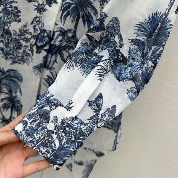 CD 25 Butterfly Coconut Print Shirt White Blue Cotton