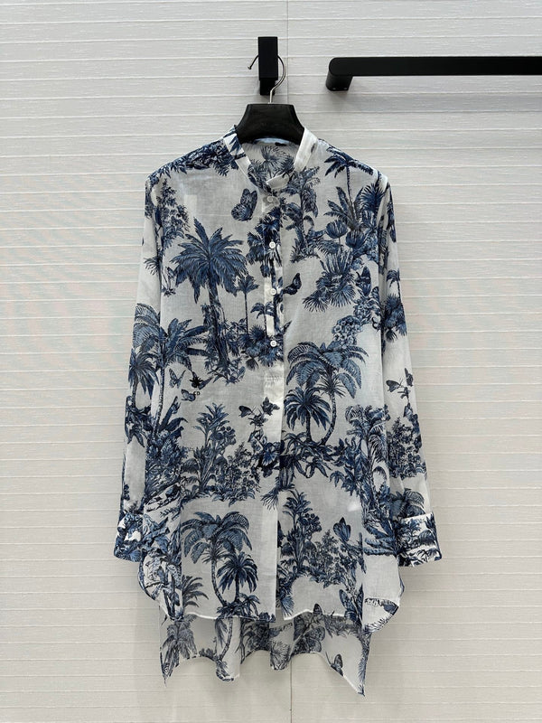CD 25 Butterfly Coconut Print Shirt White Blue Cotton