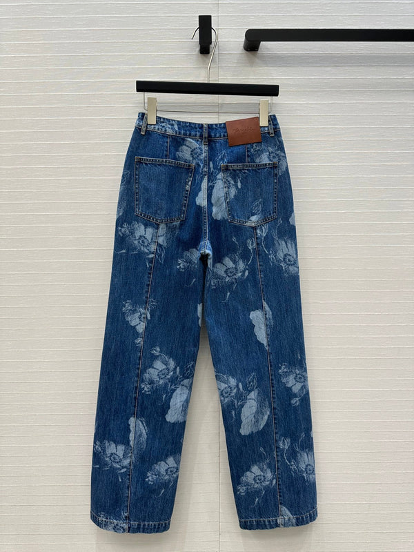 Fendi Flower Denim Straight Pants Blue Cotton