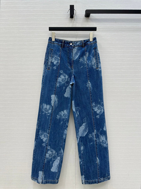 Fendi Flower Denim Straight Pants Blue Cotton