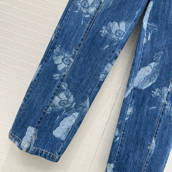 Fendi Flower Denim Straight Pants Blue Cotton