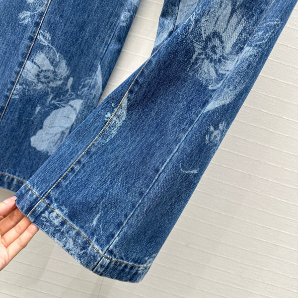 Fendi Flower Denim Straight Pants Blue Cotton