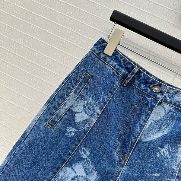 Fendi Flower Denim Straight Pants Blue Cotton