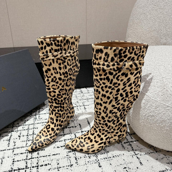 Alaila High Boots 60mm In Light Yellow Calfskin Horsehair Leopard Print 916740