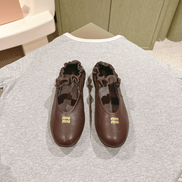 Miu Ruches Ballet Flat Brown Lambskin 445667