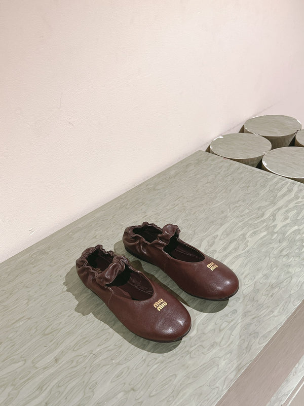 Miu Ruches Ballet Flat Brown Lambskin 445667
