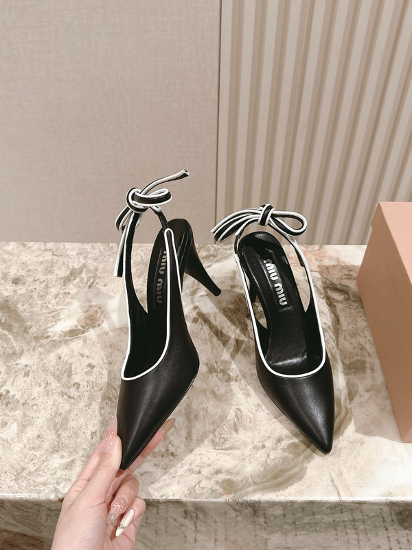 Miu Mordoré Pointed Toe Slingback Pumps 85mm Black Cowhide Sheepskin 445788