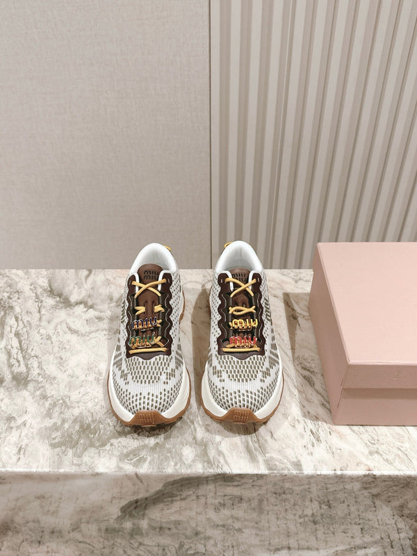 Miu Technical Sneakers White Olive Cowhide Fabric 445811