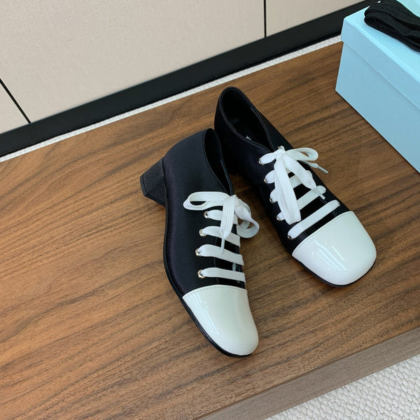 Prada 25s Mary Jane Shoes 55mm Black Satin White Patent Leather