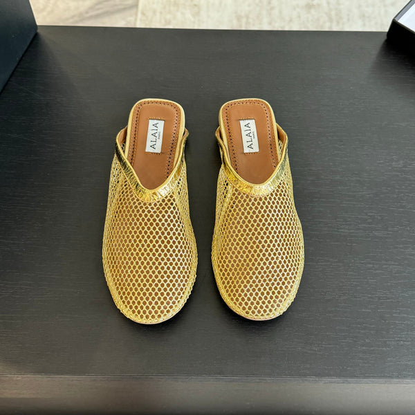 flat mule fishnet gold metalic lambskin