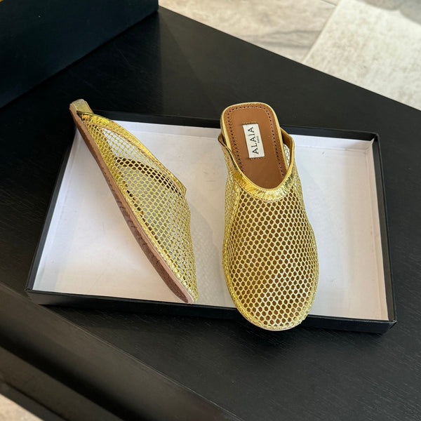 flat mule fishnet gold metalic lambskin