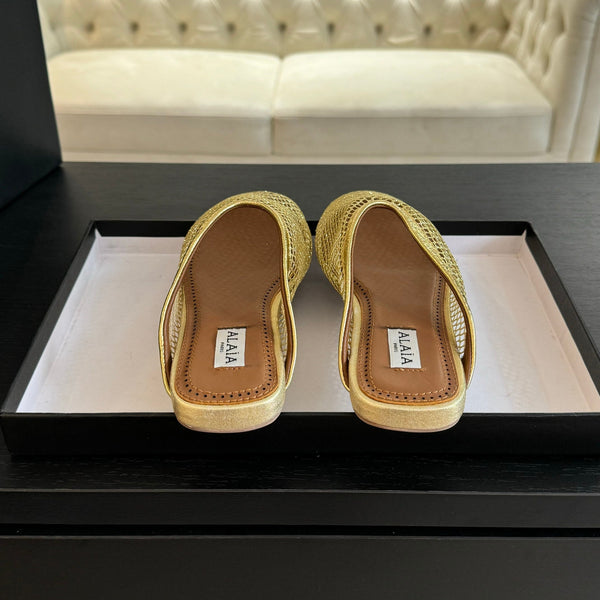 flat mule fishnet gold metalic lambskin