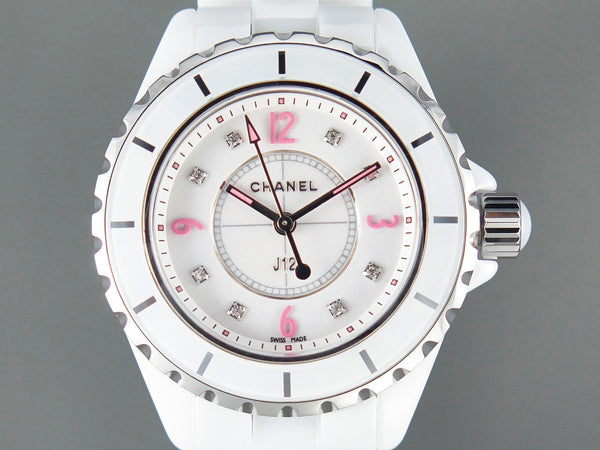 J12 Quartz White Ceramic Pink Diamond Numerals White Dial
